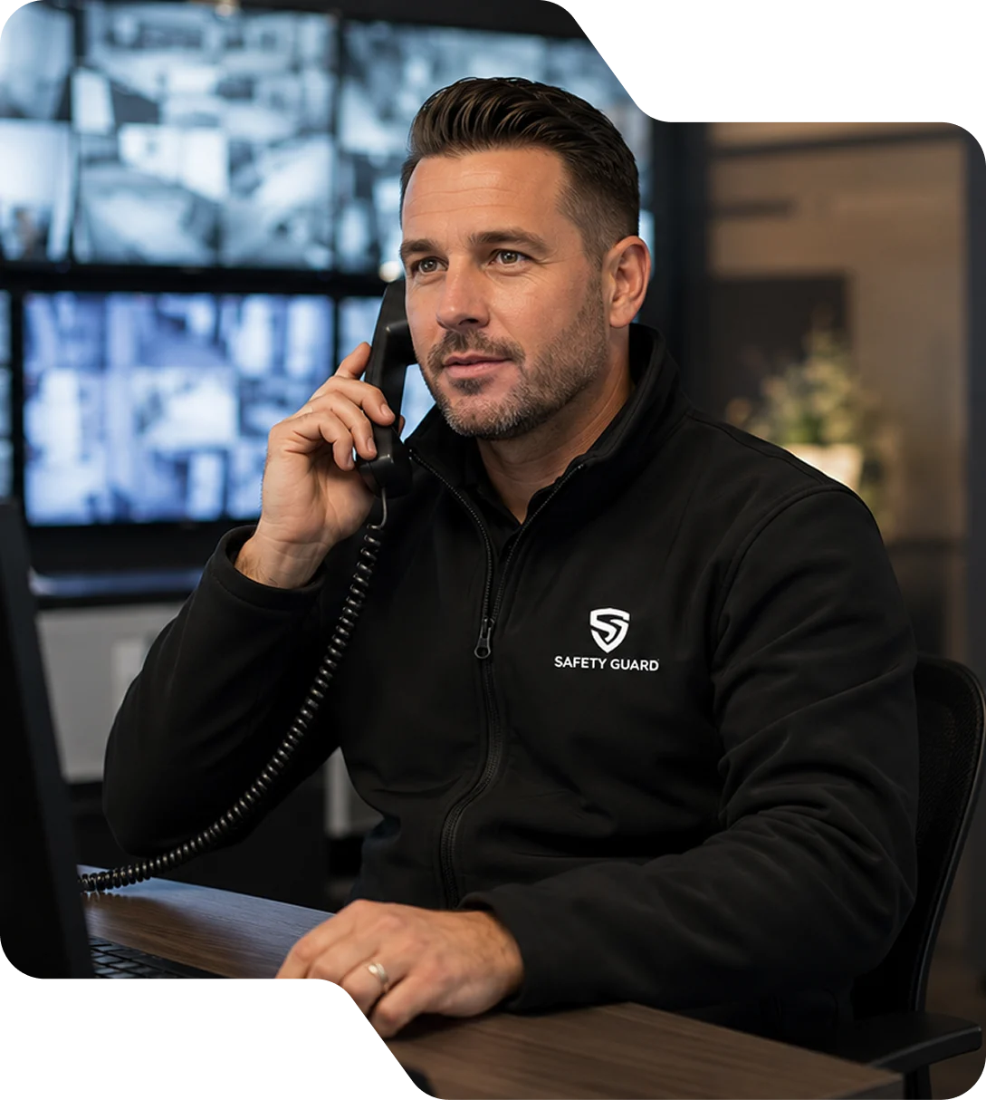 Medewerker van Safety Guard aan de telefoon in de meldkamer
