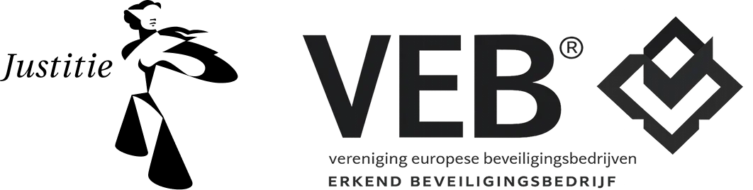 Logo's van Justitie en de VEB, erkend beveiligingsbedrijf